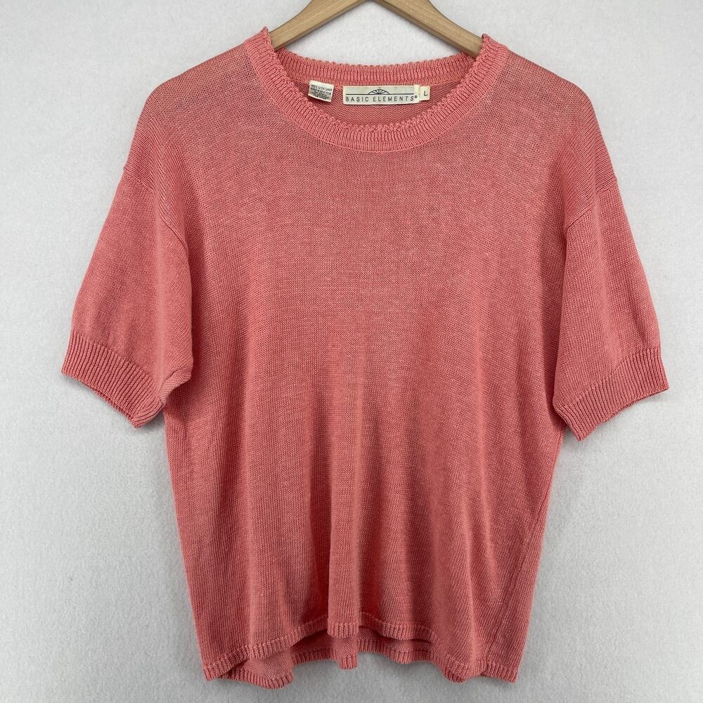 BASIC ELEMENTS Sweater Womens L Irish Linen Short Sleeve Top Pink HK VTG